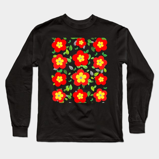 Red and yellow floral pattern Long Sleeve T-Shirt by Nano-none